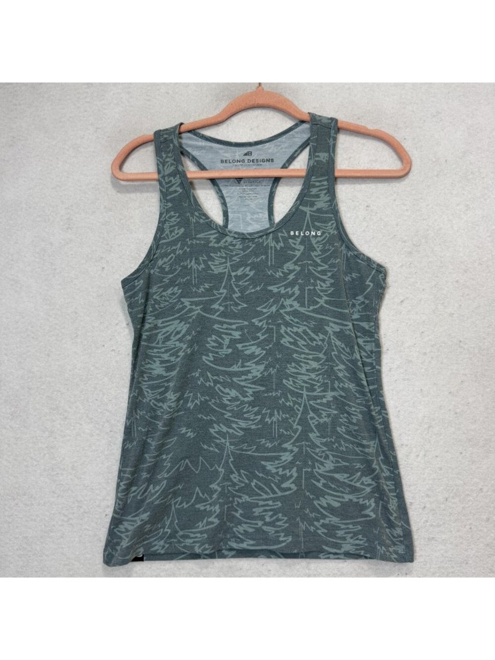 Belong Designs Tank Top Womens Small Green Racerback Tree Print Athletic